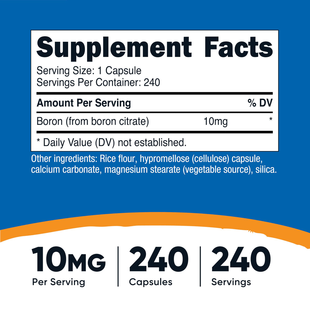 Nutricost Boron Capsules close-up showing 240 vegetarian servings for daily use.