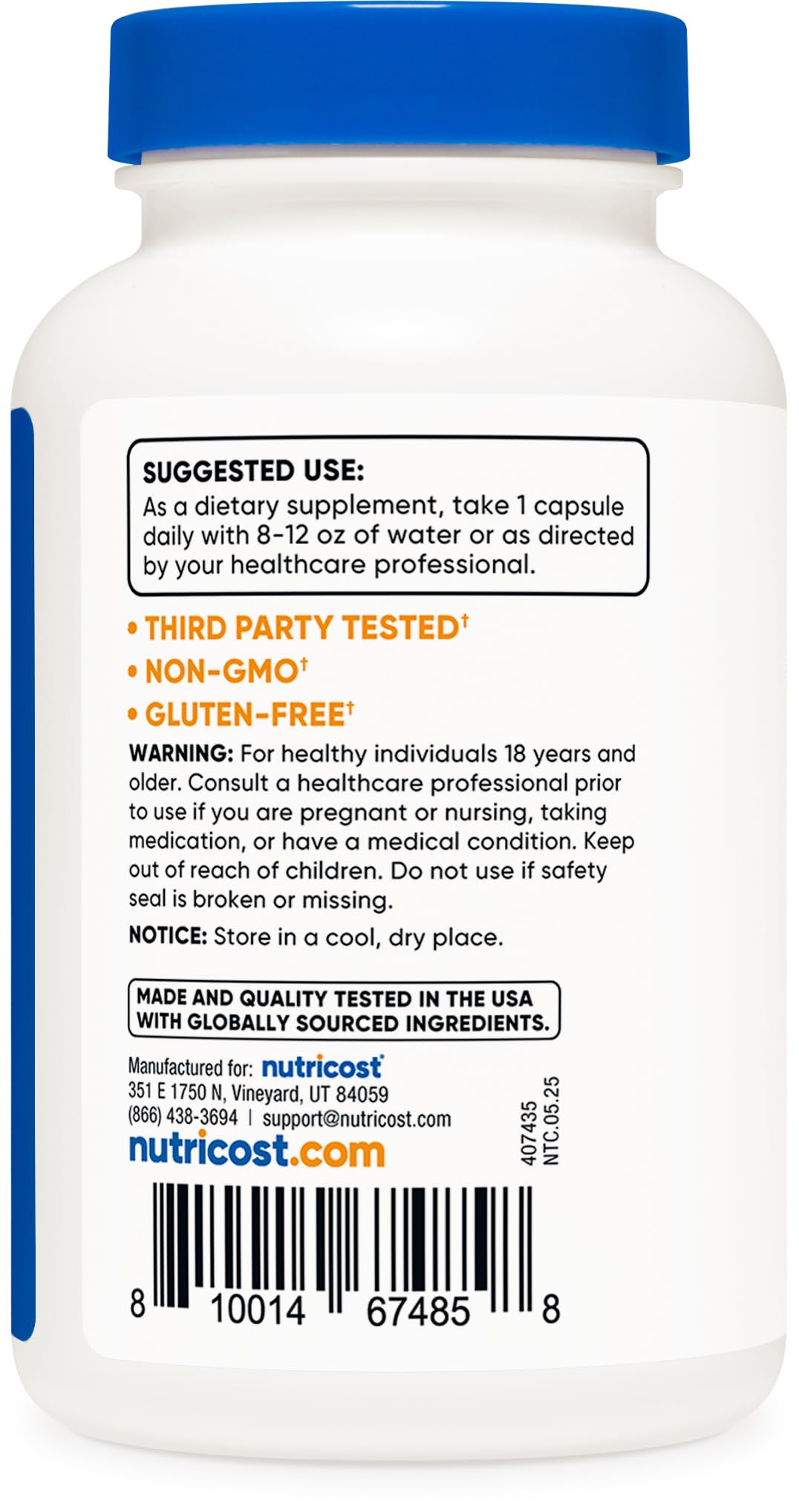 Nutricost Boron Capsules label highlights third-party testing for quality.