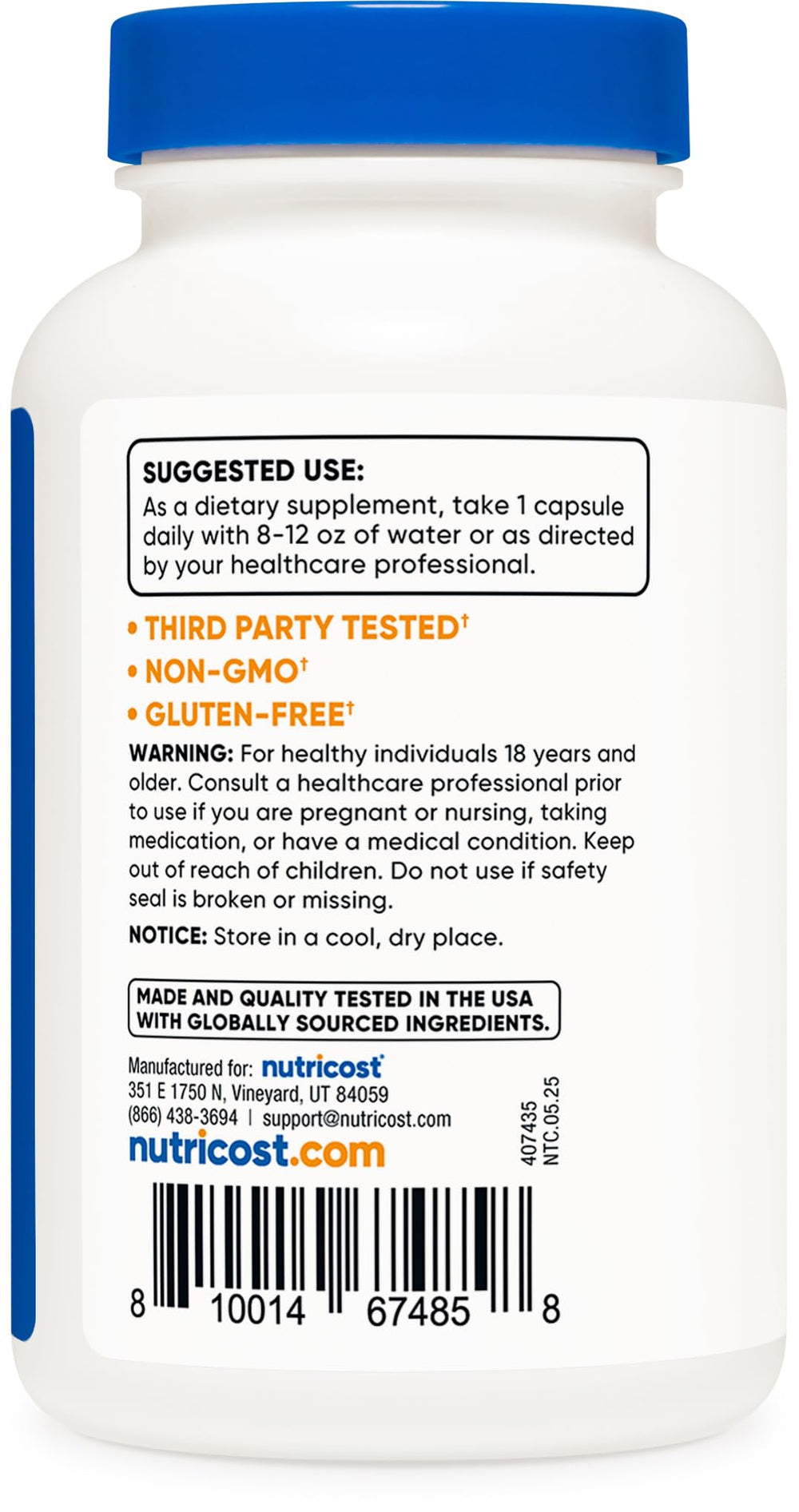 Nutricost Boron Capsules label highlights third-party testing for quality.