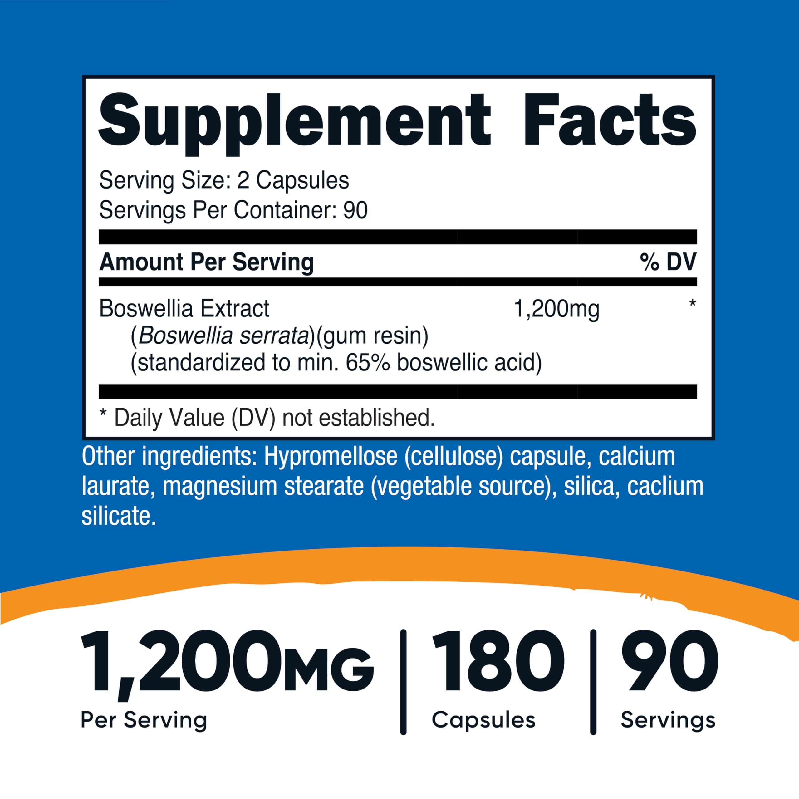 Nutricost Boswellia capsules closeup highlights 65% boswellic acid content.