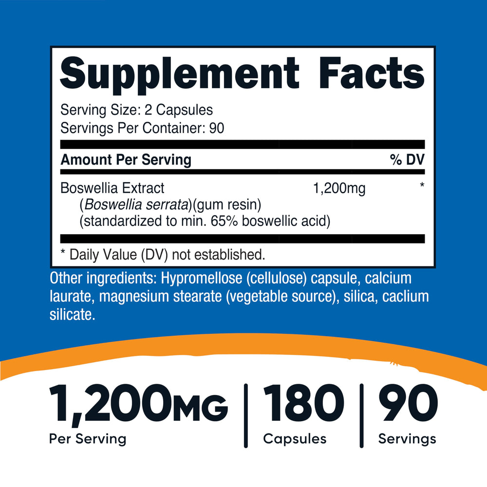 Nutricost Boswellia capsules closeup highlights 65% boswellic acid content.