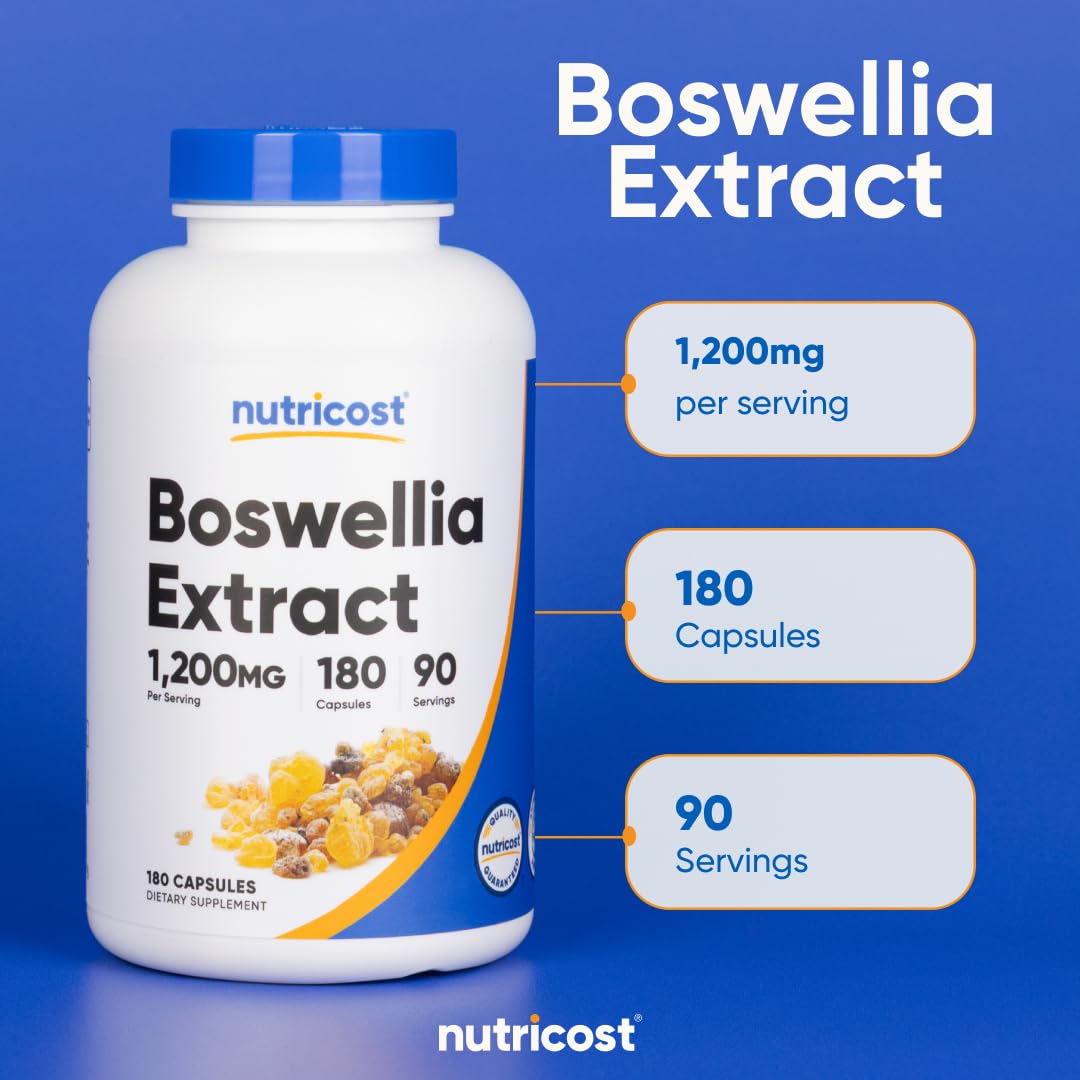 Nutricost Boswellia extract package shot conveys 180-capsule bottle for 90 servings.
