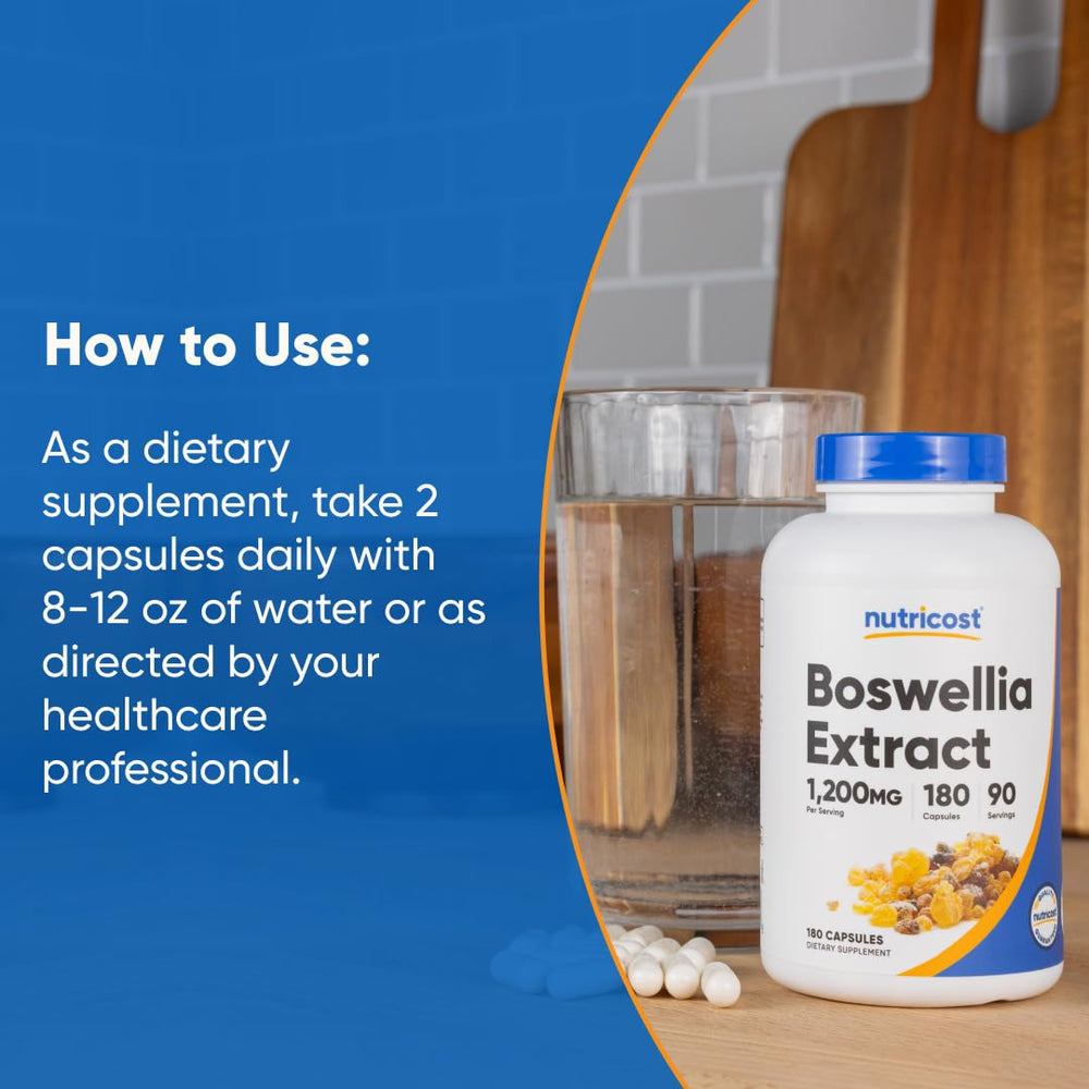 Nutricost Boswellia product image with vegan and gluten-free icons for dietary options.