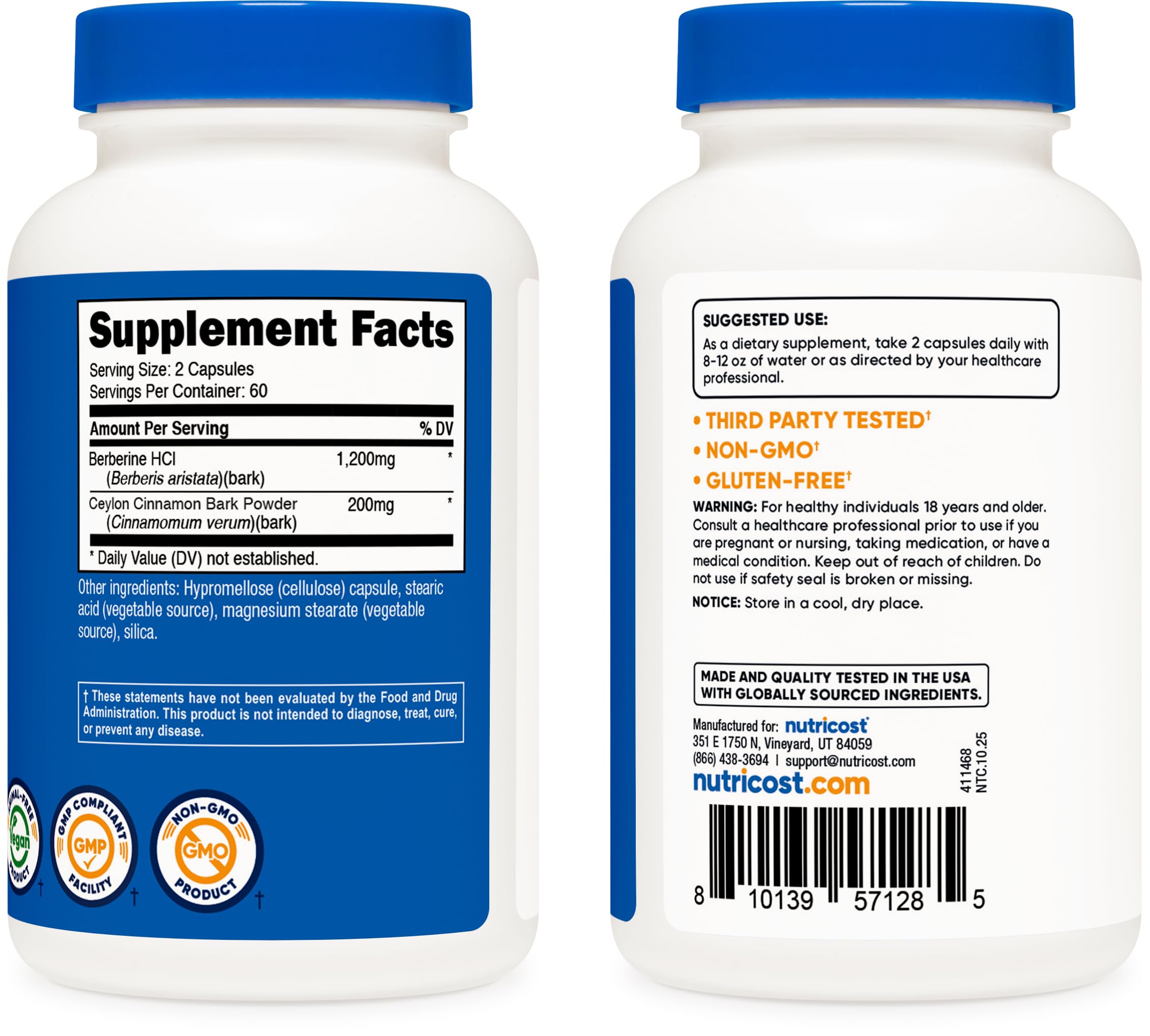 Nutricost bottle highlighting NSF GMP certified manufacturing quality.