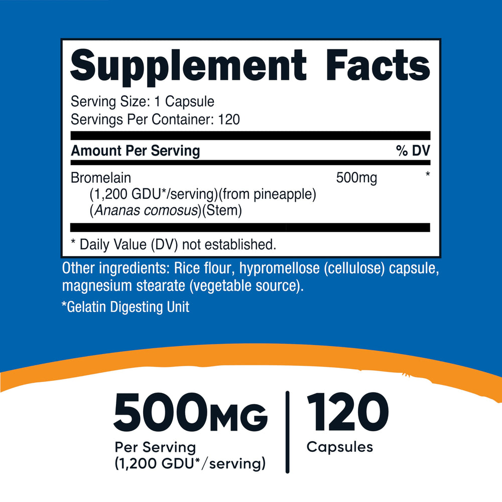Nutricost Bromelain capsules with label highlighting potency.