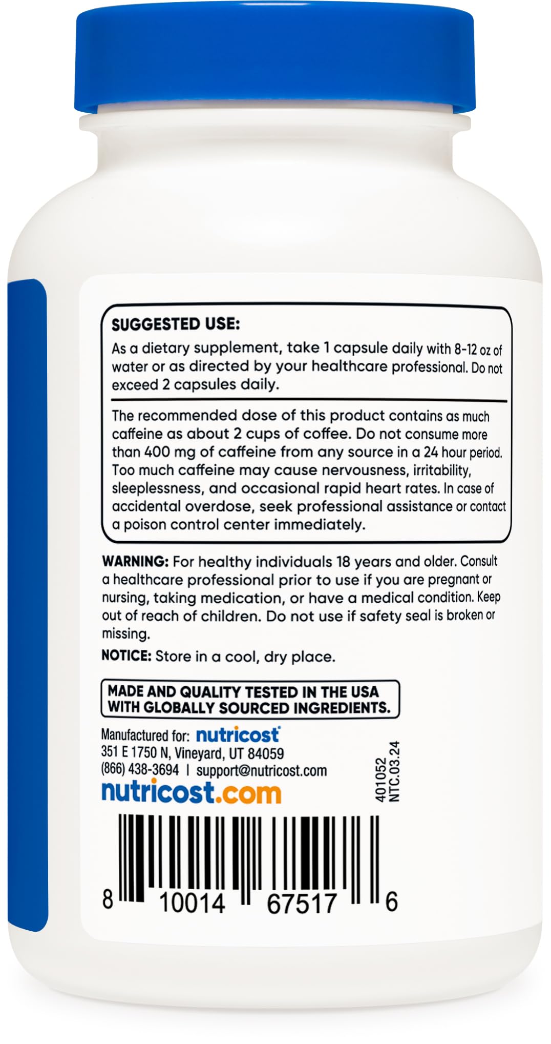 Nutricost caffeine pills back label with usage and safety notes