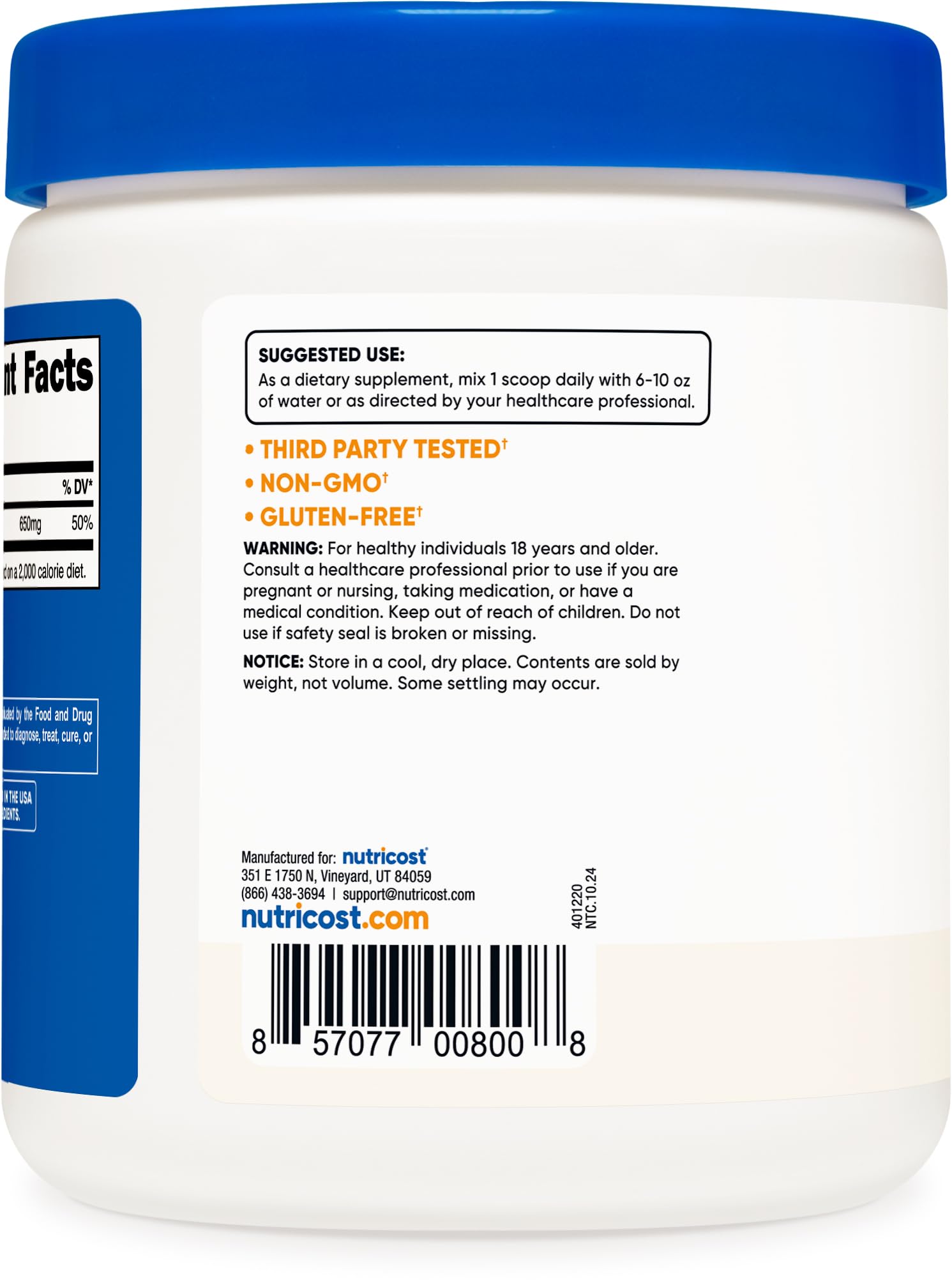 Close-up of Nutricost bottle noting GMP facility and third-party testing