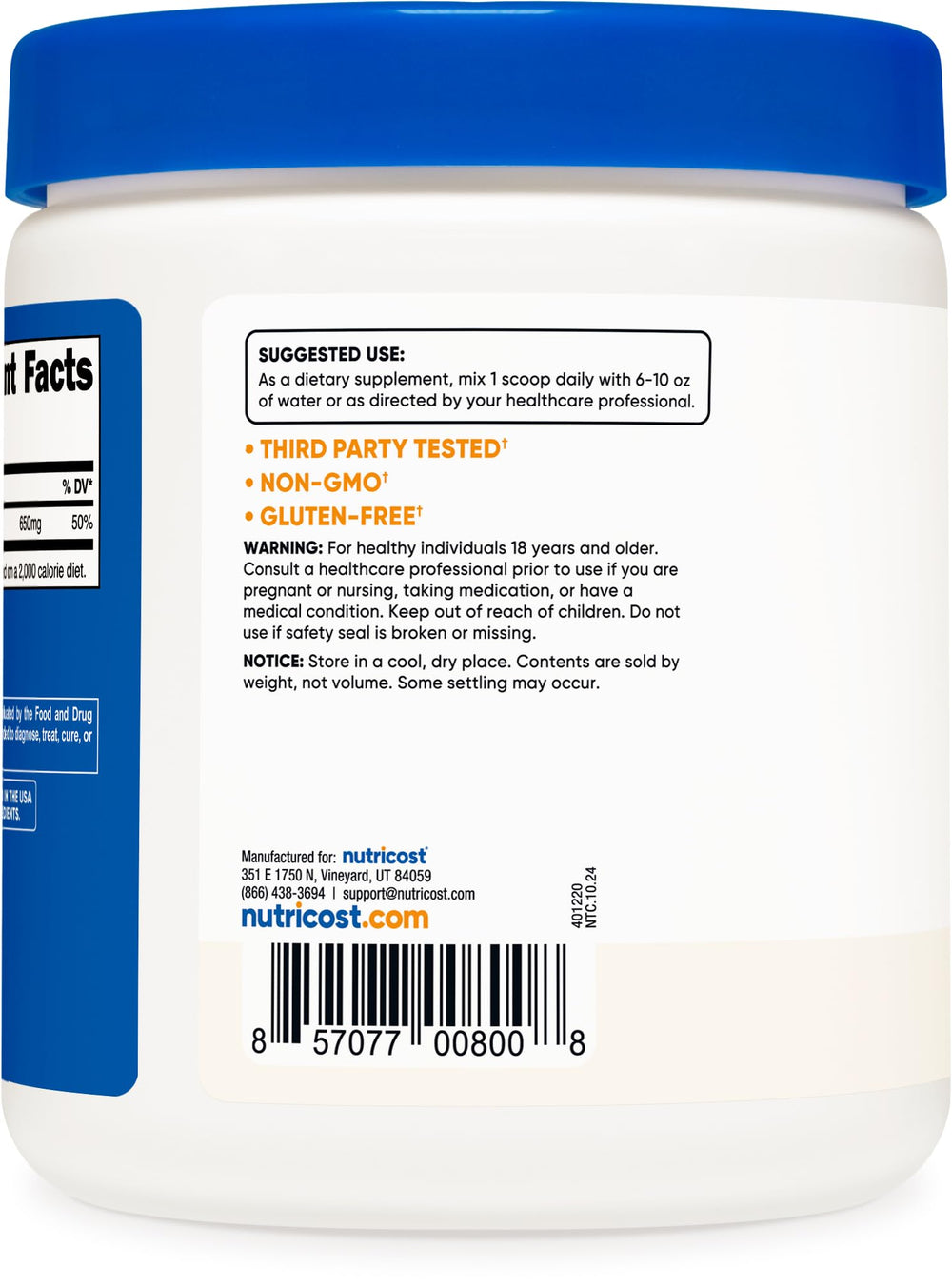 Close-up of Nutricost bottle noting GMP facility and third-party testing