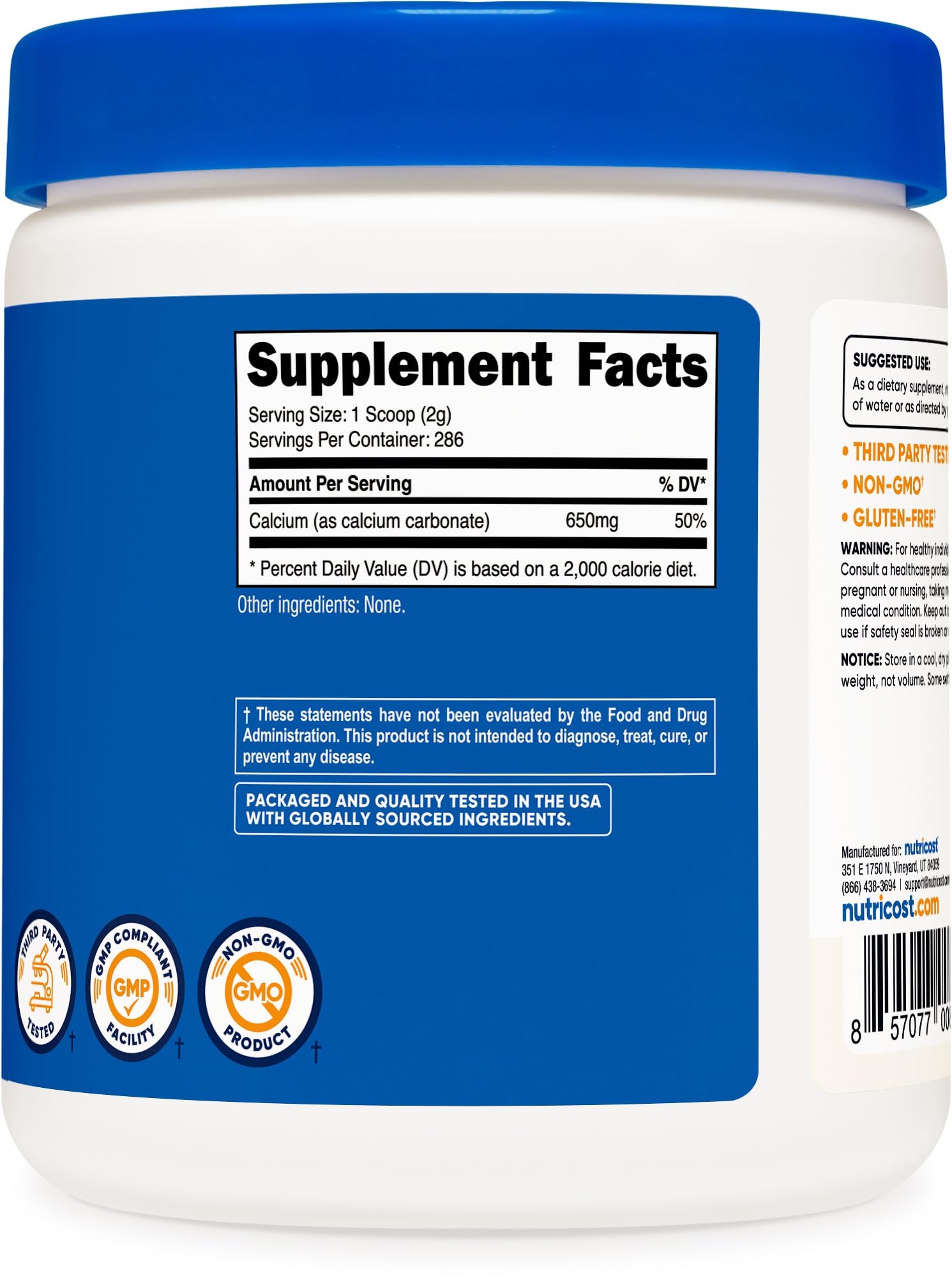 Nutricost calcium carbonate powder on kitchen shelf ready to use