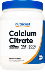 Nutricost Calcium Citrate Powder bottle front emphasizing purity and gluten-free status for daily calcium support