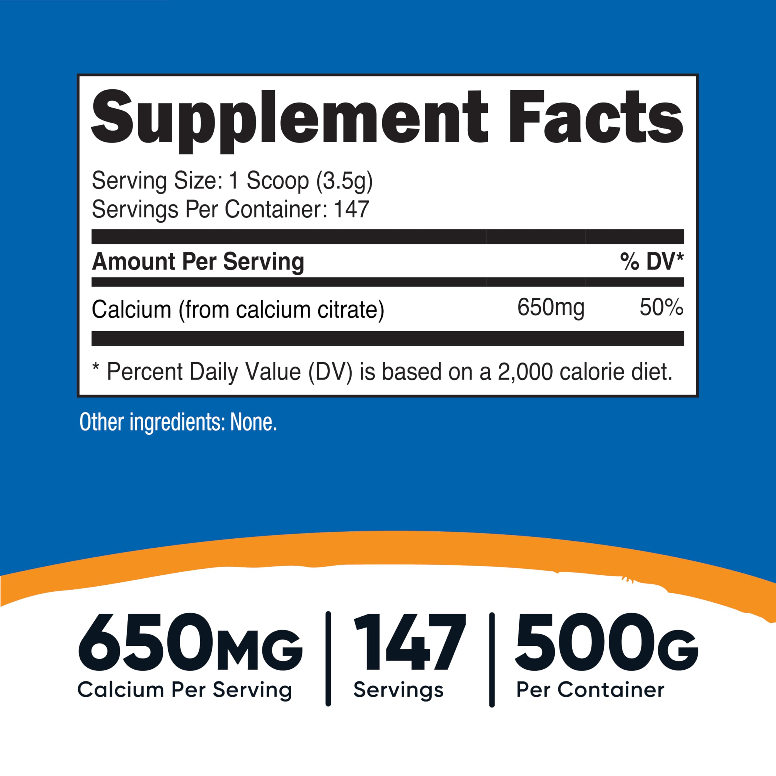 Nutricost Calcium Citrate Powder scoop demonstrates convenient 650 mg per serving for daily supplementation