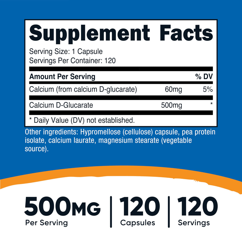 Nutricost Calcium D-Glucarate capsules on white background, easy daily intake.