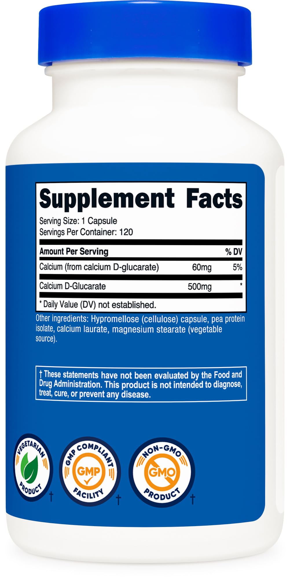 Nutricost Calcium D-Glucarate packaging displaying ingredients and certifications.