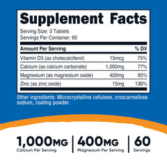 Nutricost Calcium Magnesium Zinc tablets close-up highlighting compact daily dosage.