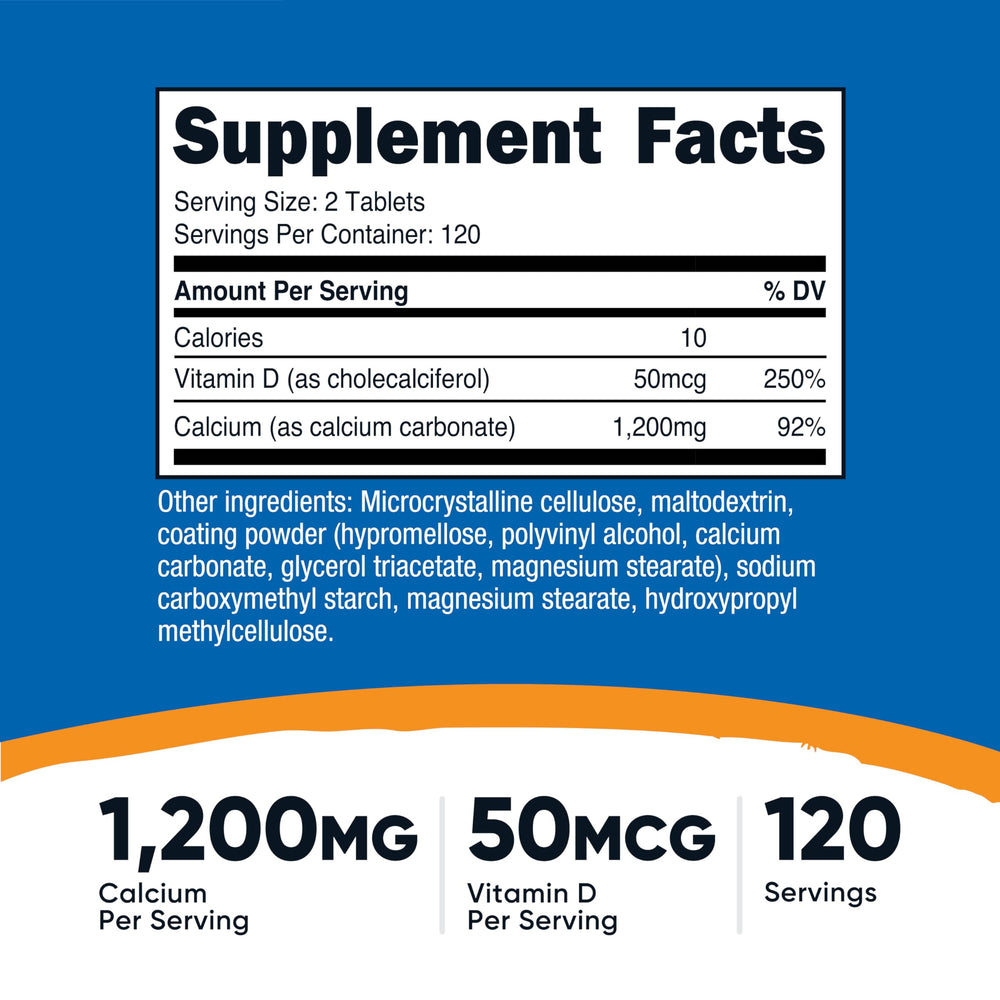 Nutricost Calcium with Vitamin D bottle back view, label details for informed use.