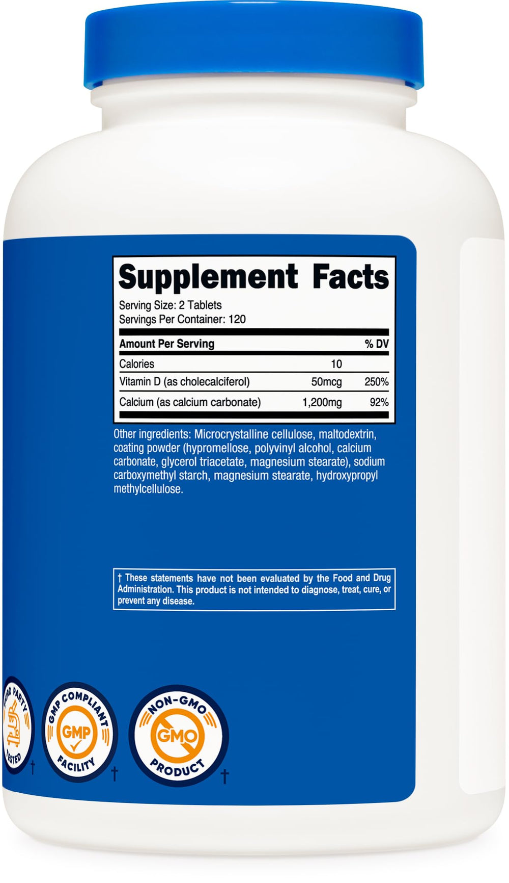 Nutricost Calcium with Vitamin D bottle display, gluten-free and non-GMO trusted choice.