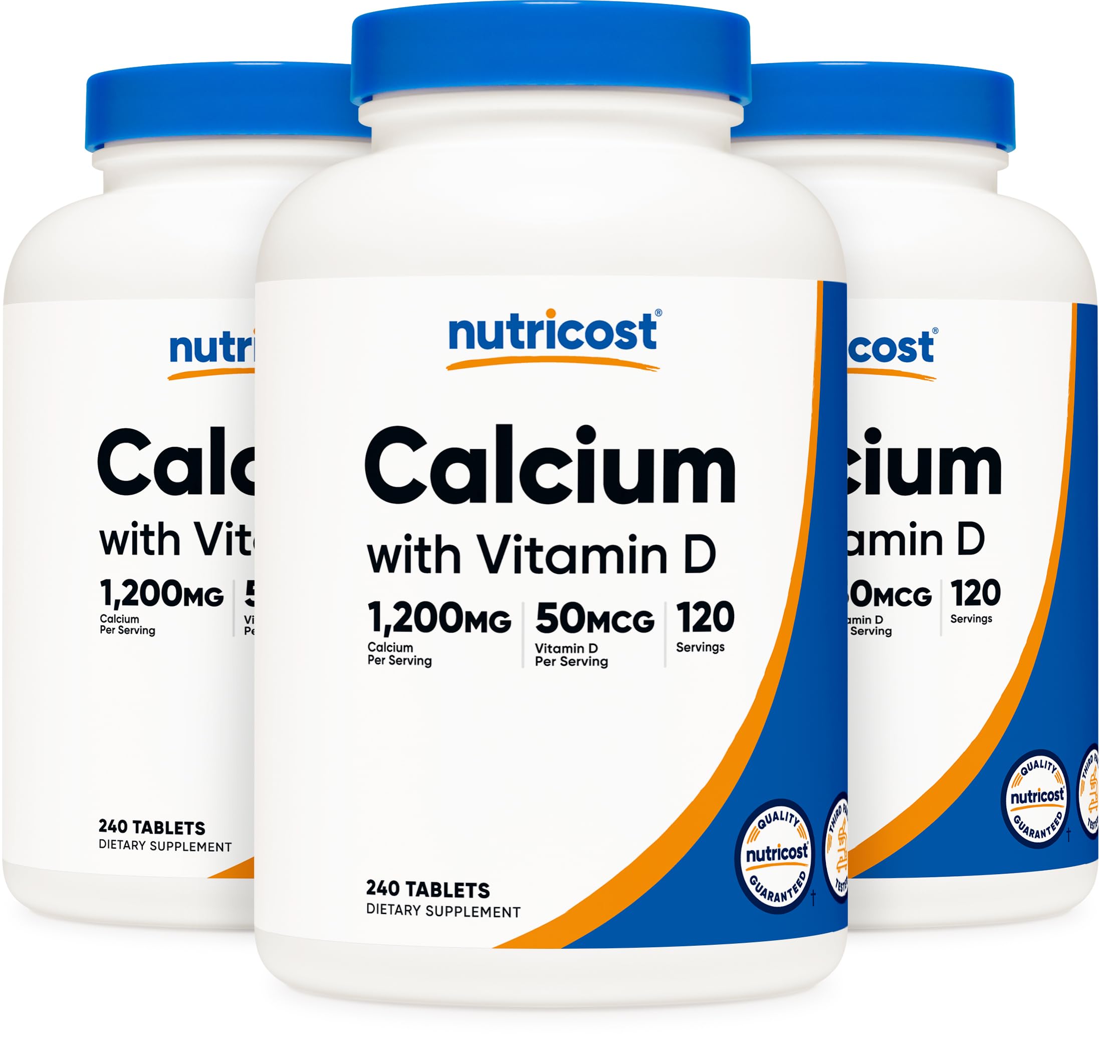 Nutricost Calcium with Vitamin D tablets closeup in foil, third-party tested quality.