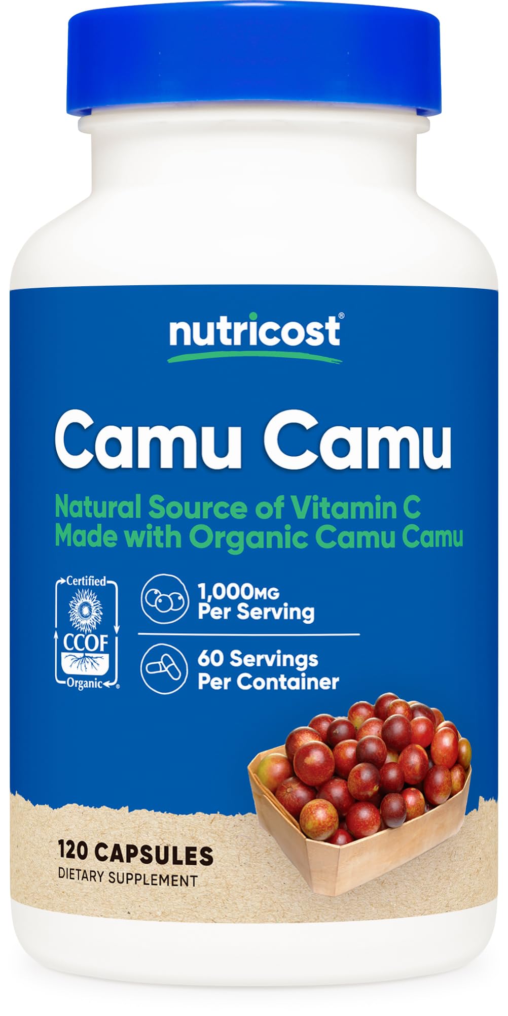 Nutricost Camu Camu bottle front highlights organic vitamin C for daily use.