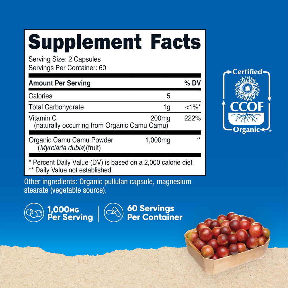 Nutricost Camu Camu capsules close-up emphasizes 200 mg vitamin C per serving.