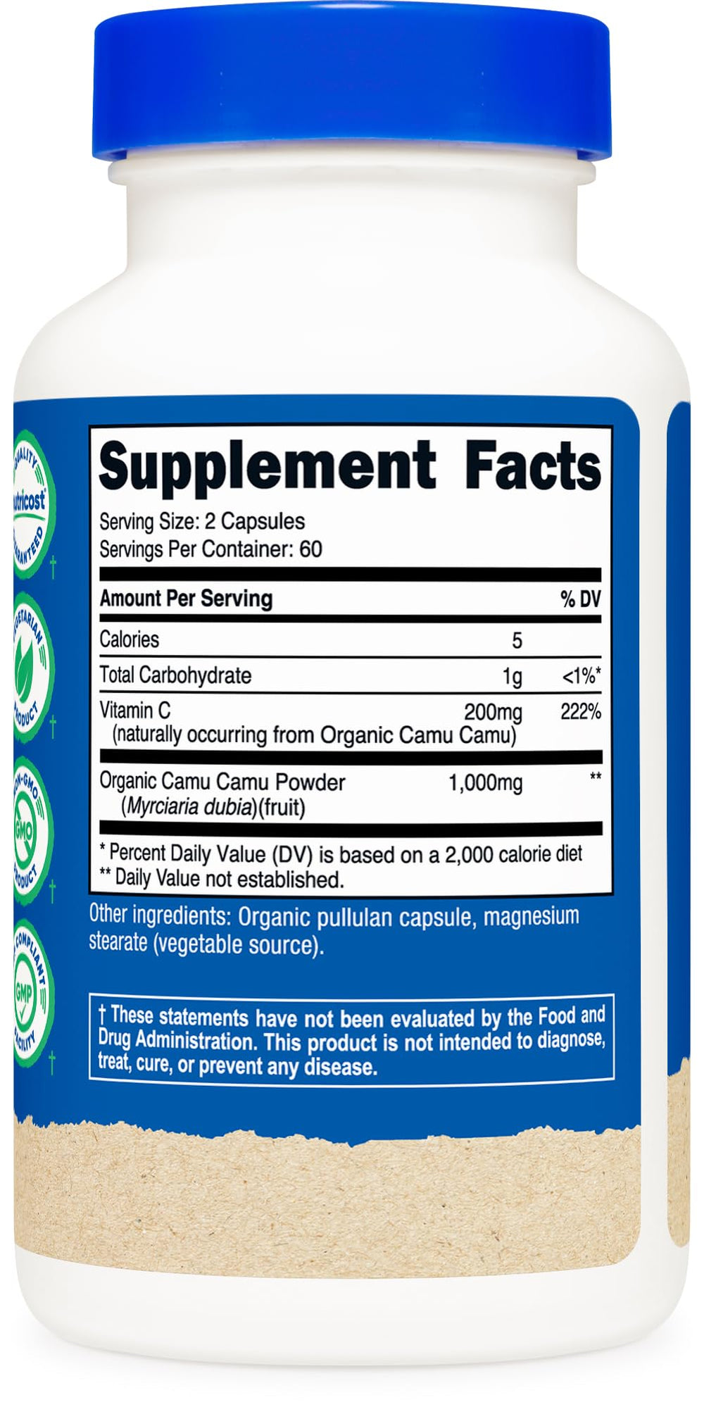 Nutricost Camu Camu scoop beside capsules supports easy daily intake.