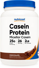 Nutricost Casein Protein Powder tub front, chocolate flavor, ideal for post-workout fueling.