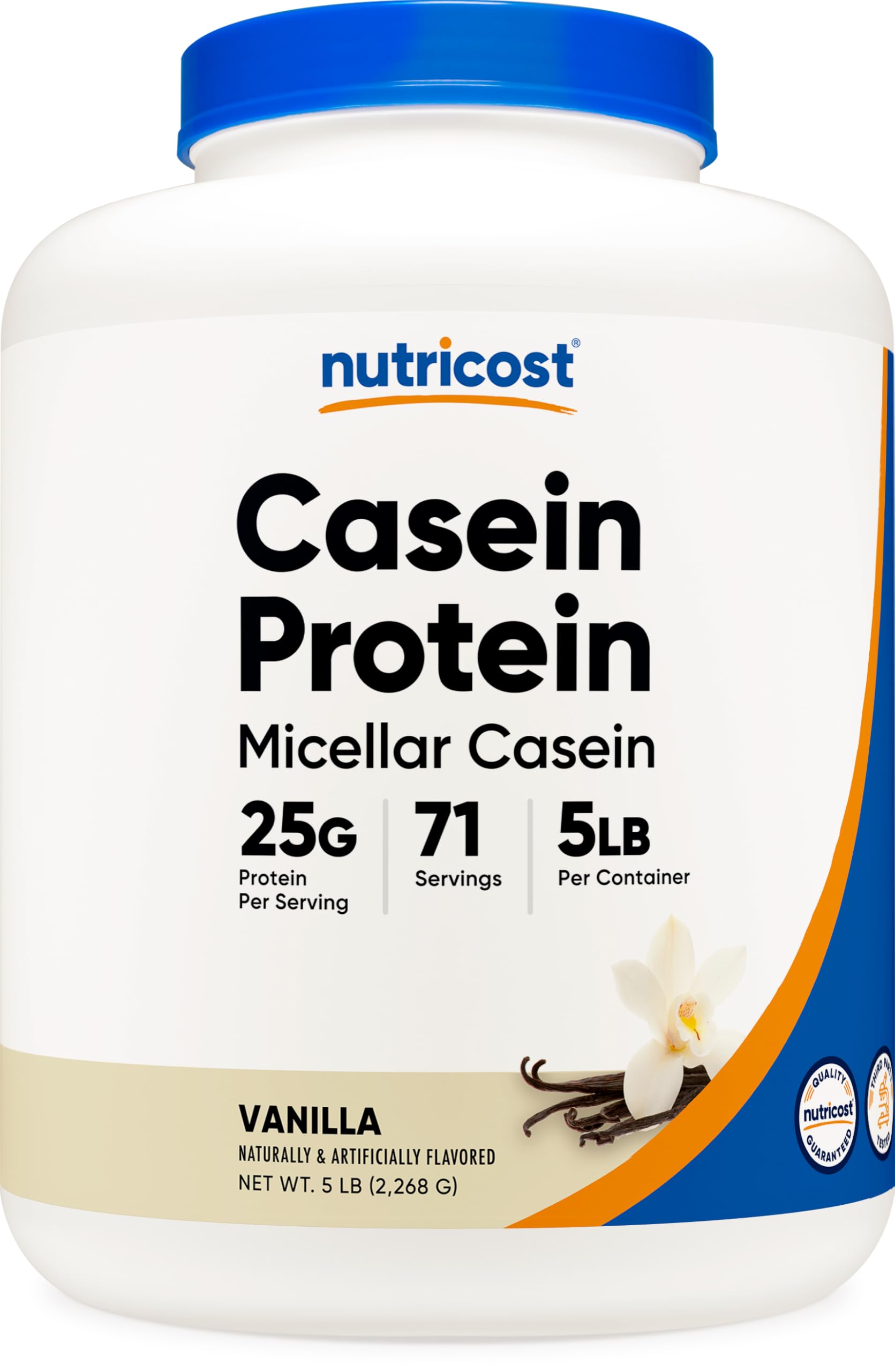 Nutricost Casein Vanilla 5lb bottle with micellar protein for steady nutrition