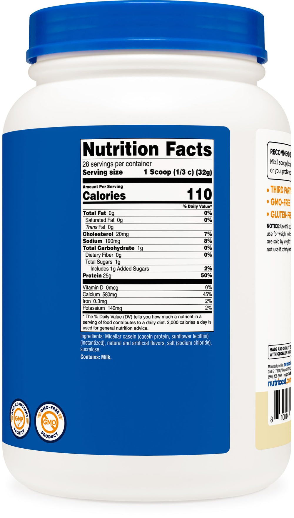 Nutricost Casein Vanilla container keeps powder fresh for daily use.