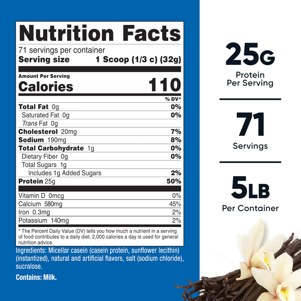 Nutricost vanilla casein powder jar shows 71 servings for daily convenience
