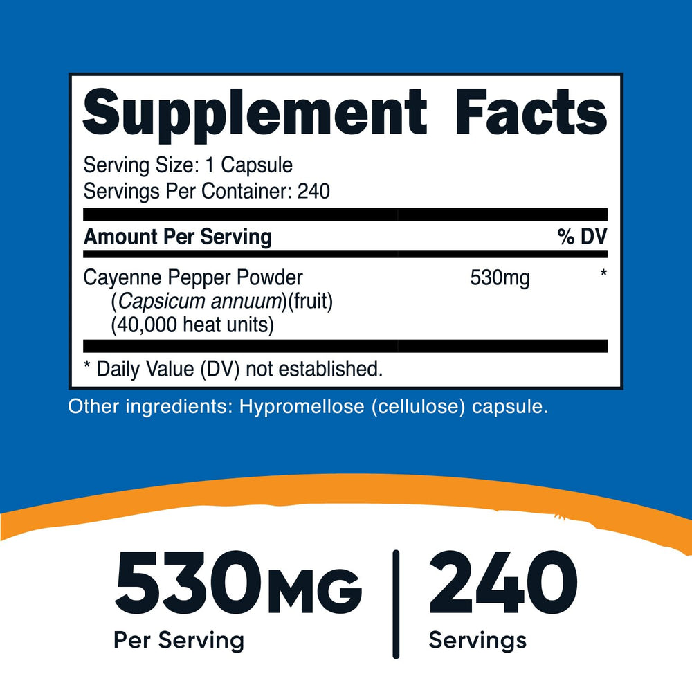 Nutricost Cayenne Pepper capsule close-up shows 530 mg of heat per serving.
