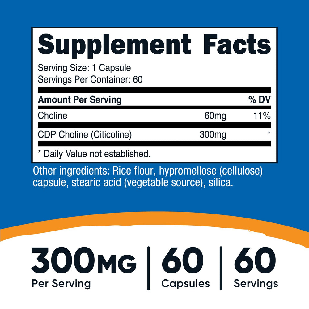 Nutricost CDP Choline 300mg bottle-front — gluten-free and non-GMO packaging details.