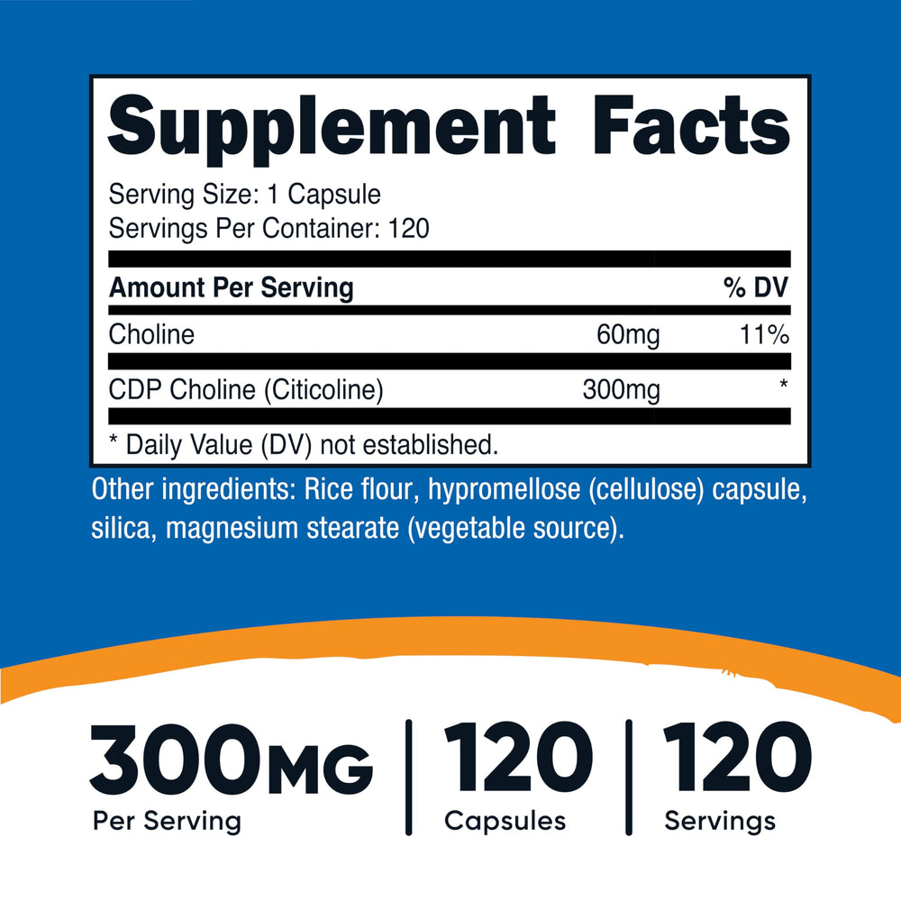 Nutricost CDP Choline 300mg capsules close-up shows easy-to-swallow vegetarian capsules
