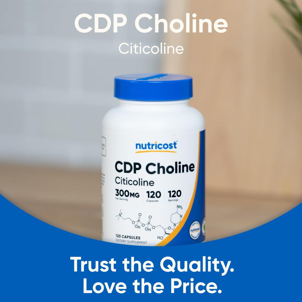Nutricost CDP Choline 300mg gluten-free non-GMO badge emphasizes dietary compatibility