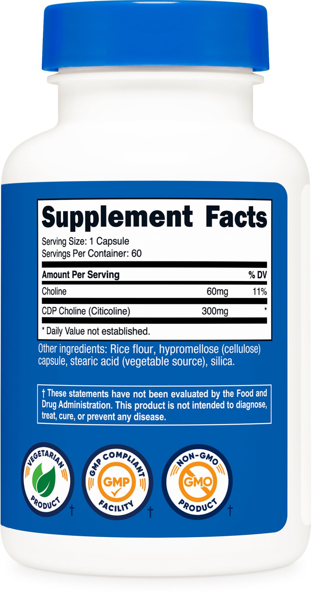 Nutricost CDP Choline 300mg — label close-up showing gluten-free, non-GMO attributes.