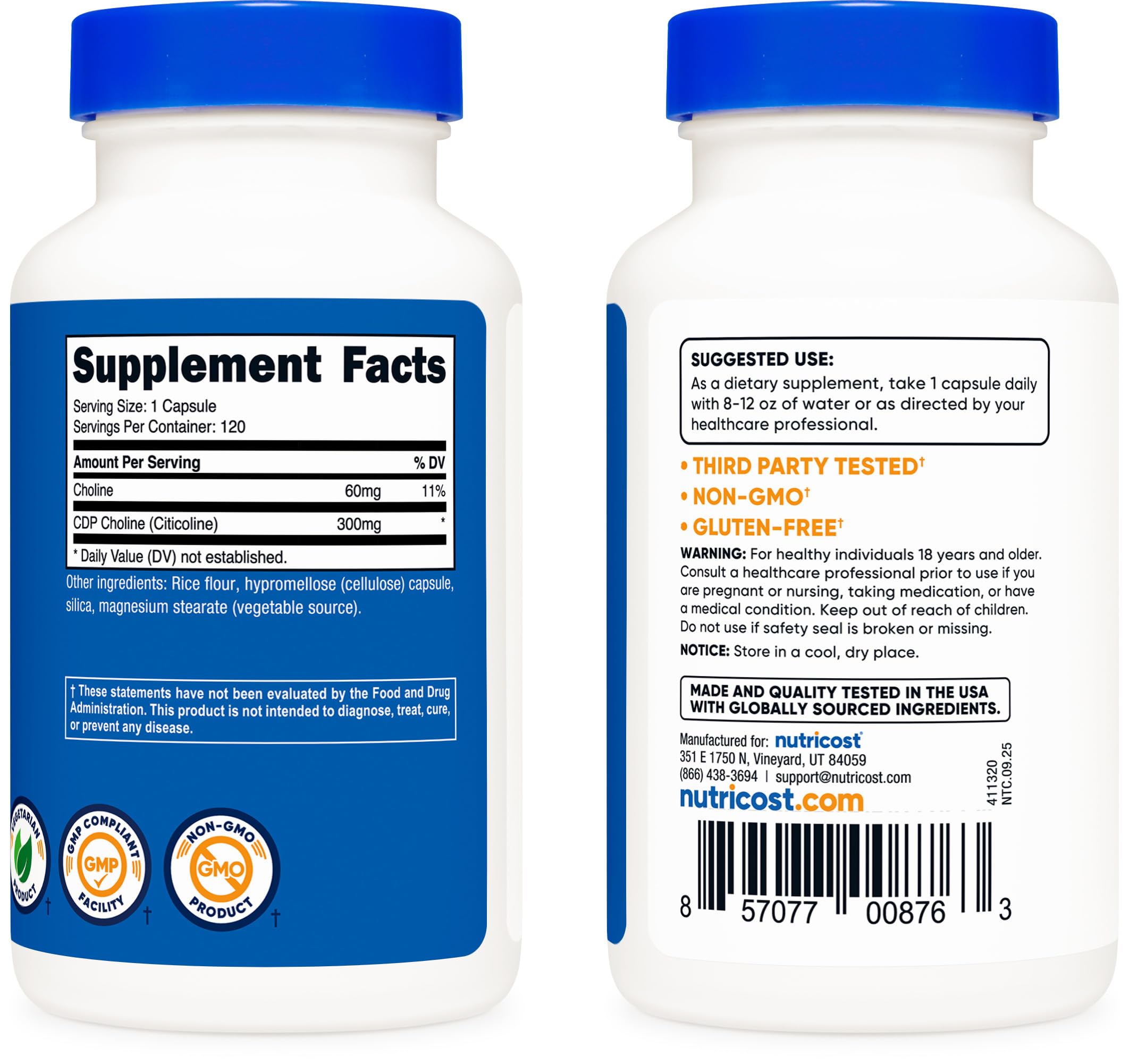 Nutricost CDP Choline 300mg serving size image shows 120 servings per bottle