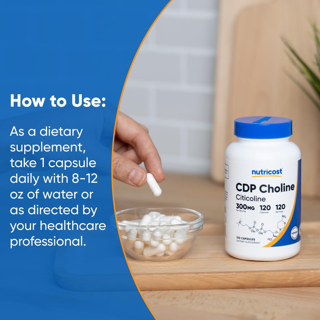 Nutricost CDP Choline 300mg vegetarian capsules image highlights plant-based format