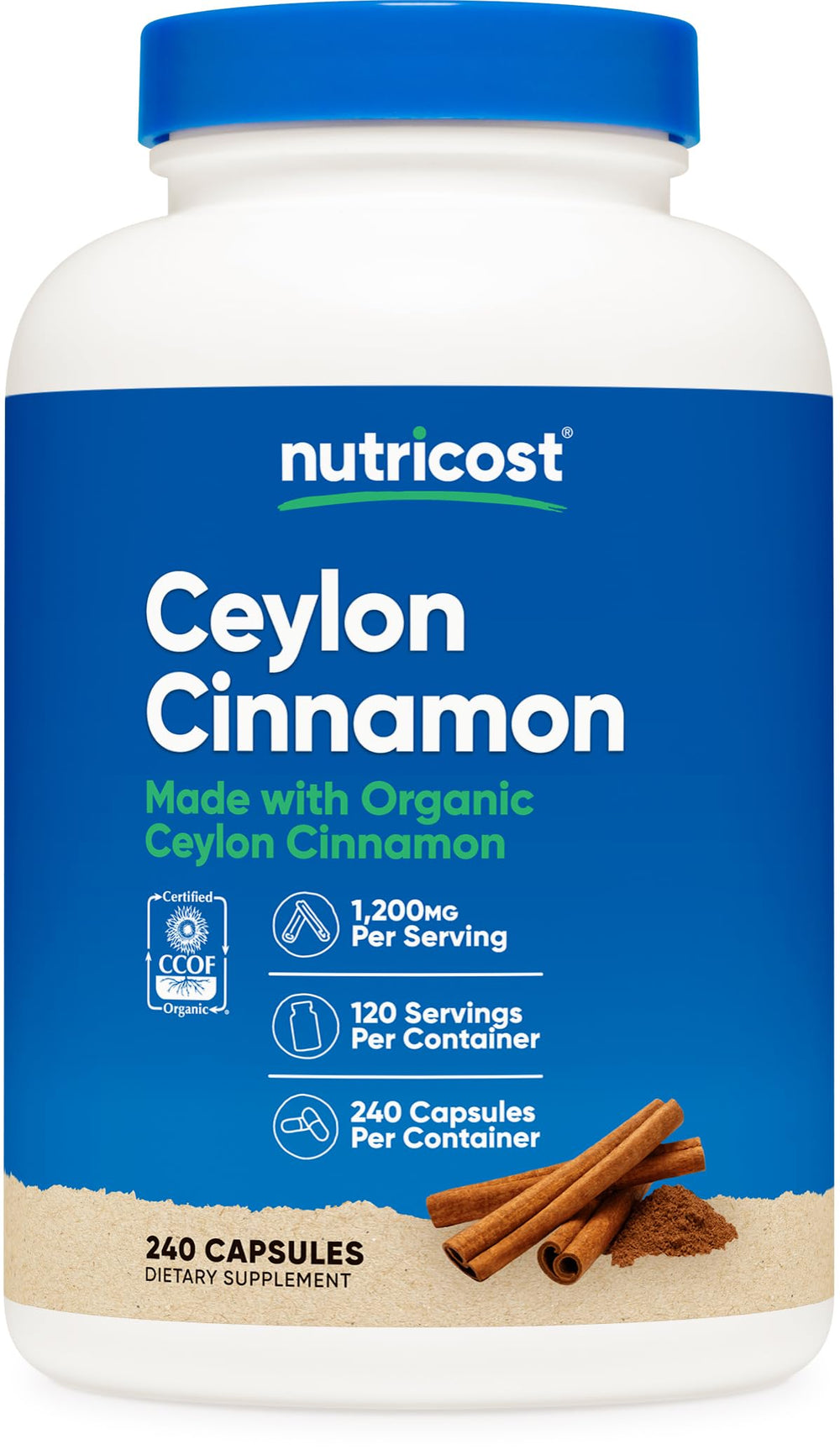 Nutricost Ceylon Cinnamon capsules bottle pour for easy daily dosing