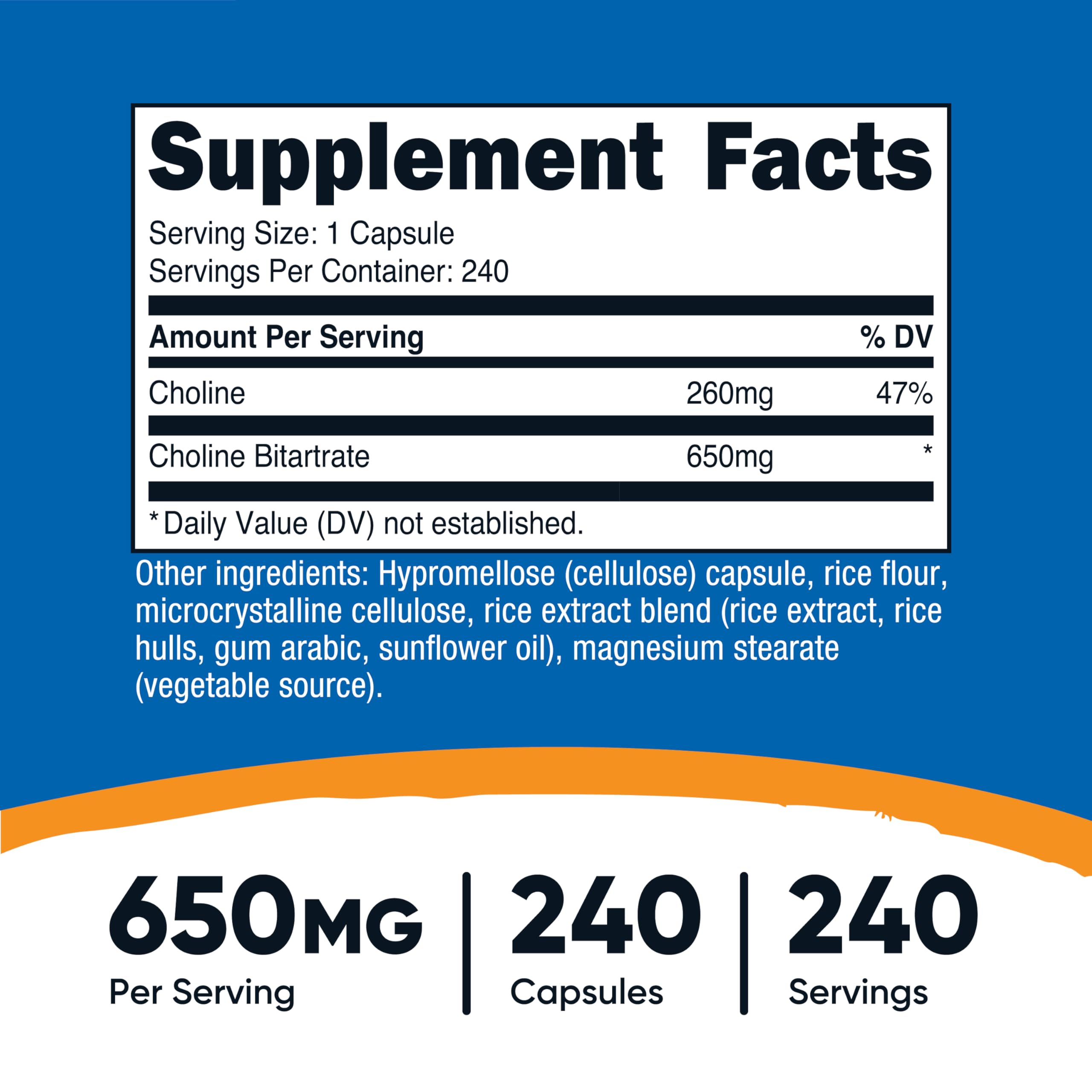Close-up of Nutricost Choline Bitartrate capsules, emphasizing 650mg potency per serving.