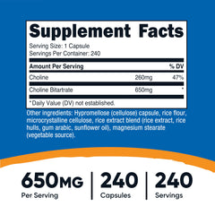 Close-up of Nutricost Choline Bitartrate capsules, emphasizing 650mg potency per serving.