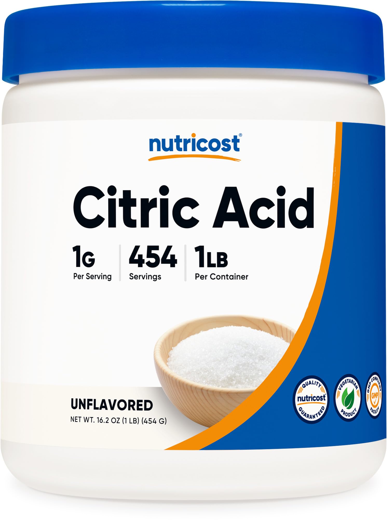 Nutricost Citric Acid Powder bottle front, a clean, food-grade supplement for kitchen use.