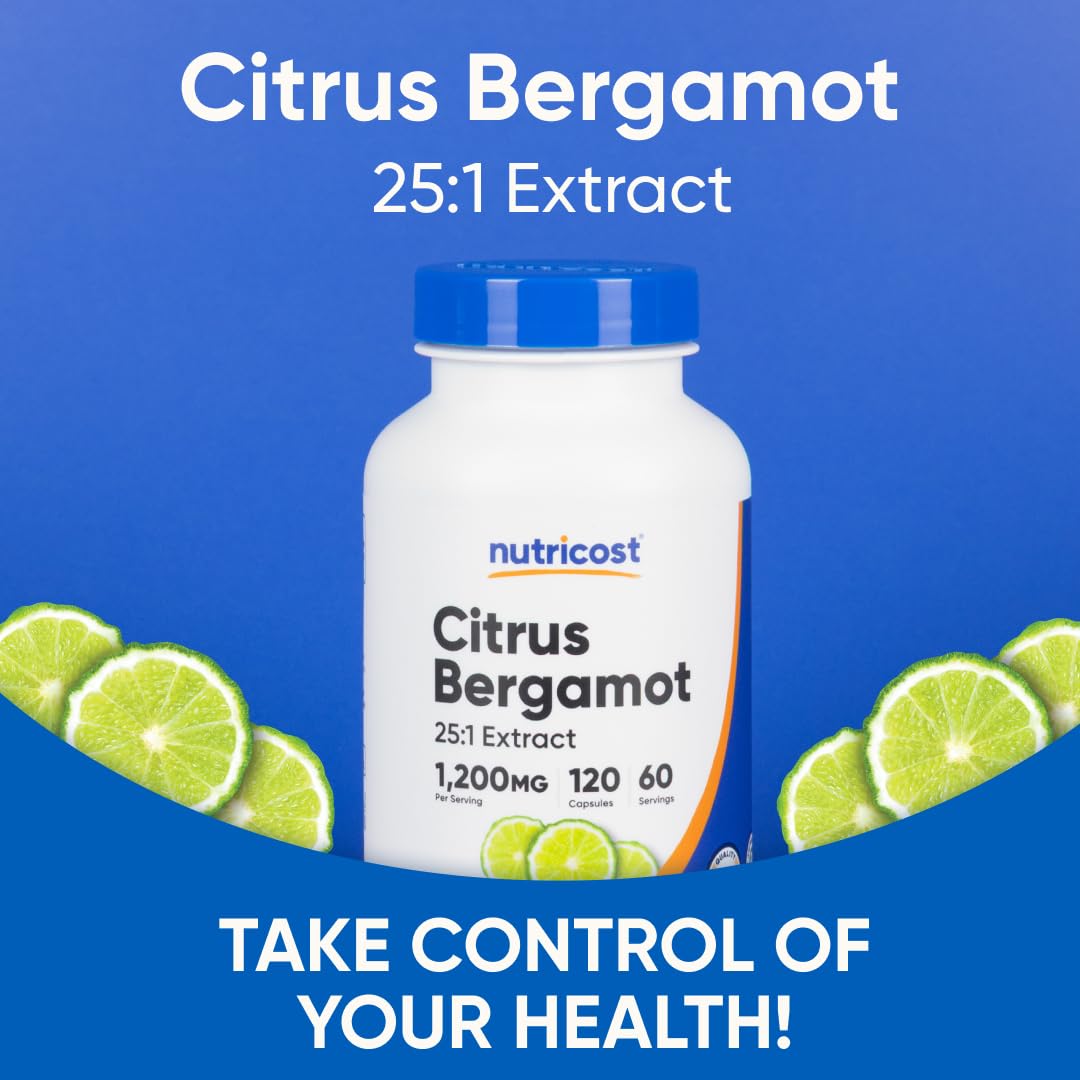 Nutricost Citrus Bergamot capsules label with vegan and gluten-free indicators.