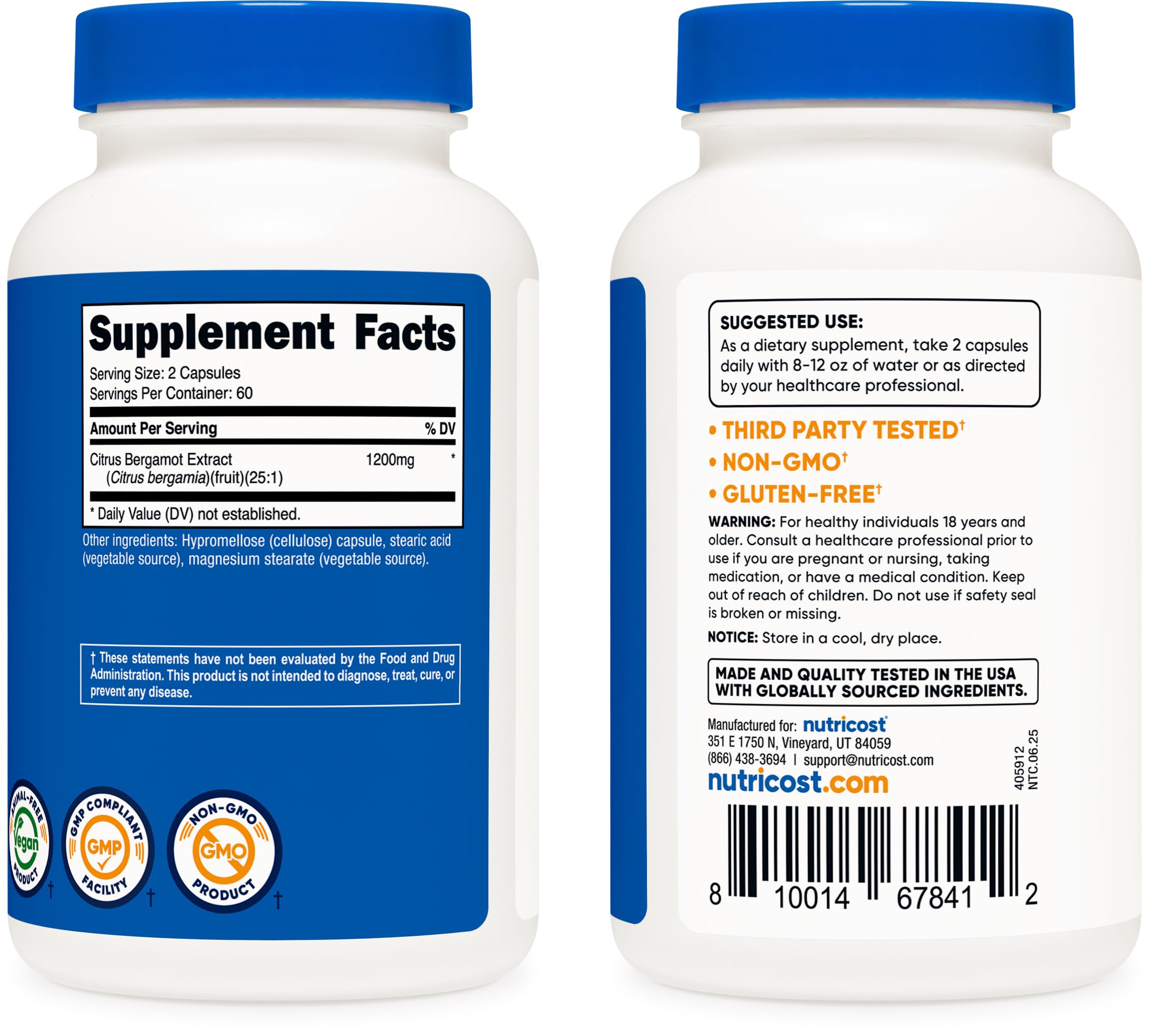 Nutricost Citrus Bergamot capsules ingredients panel highlighting 25:1 extract potency.
