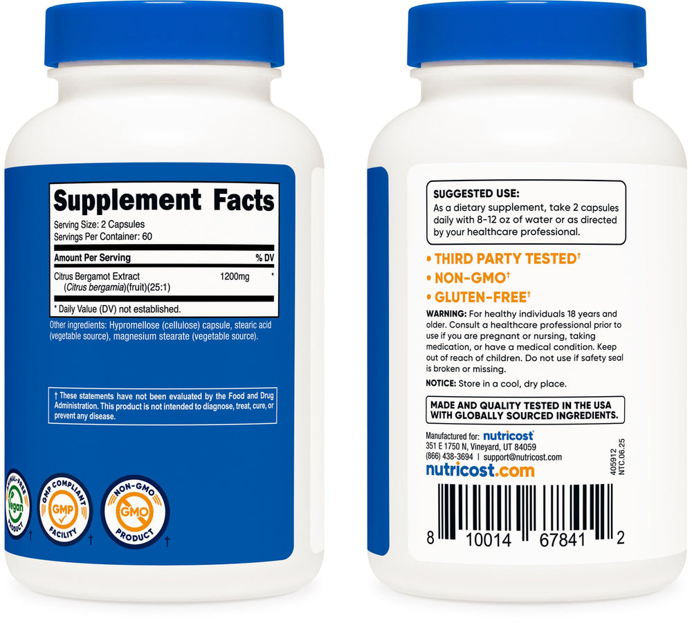 Nutricost Citrus Bergamot capsules ingredients panel highlighting 25:1 extract potency.