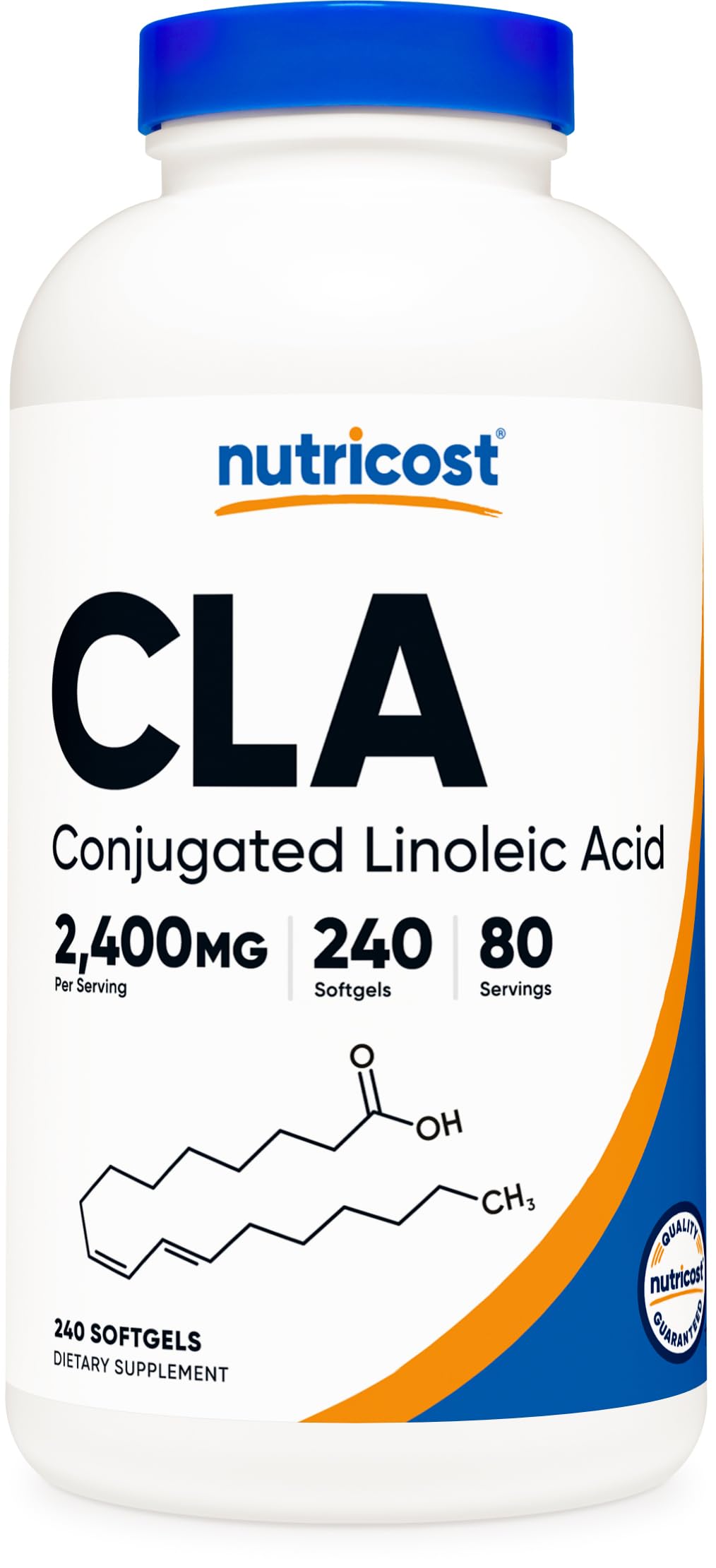 Nutricost CLA 800mg softgel bottle with gluten free, non-GMO label for daily use