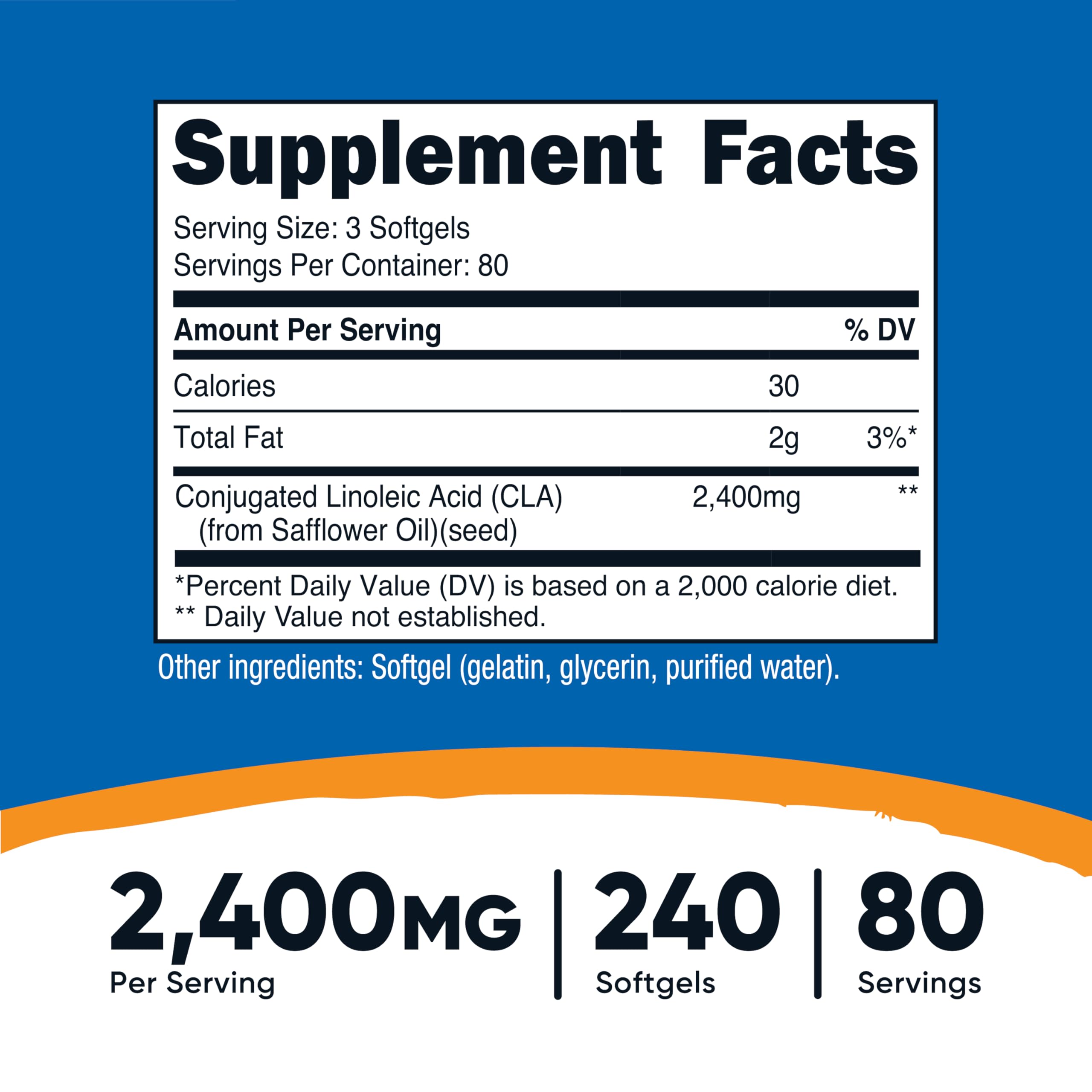 Nutricost CLA 800mg softgel closeup showing a compact, easy to swallow capsule