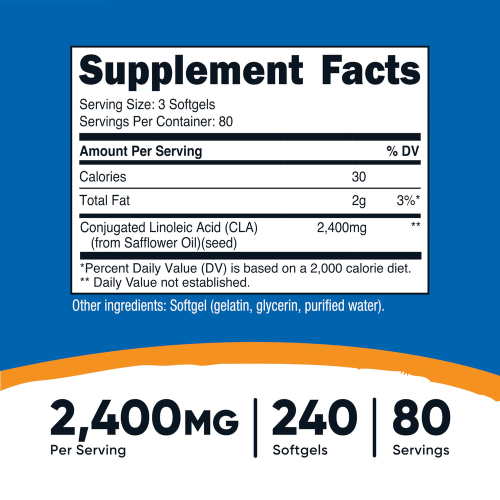 Nutricost CLA 800mg softgel closeup showing a compact, easy to swallow capsule