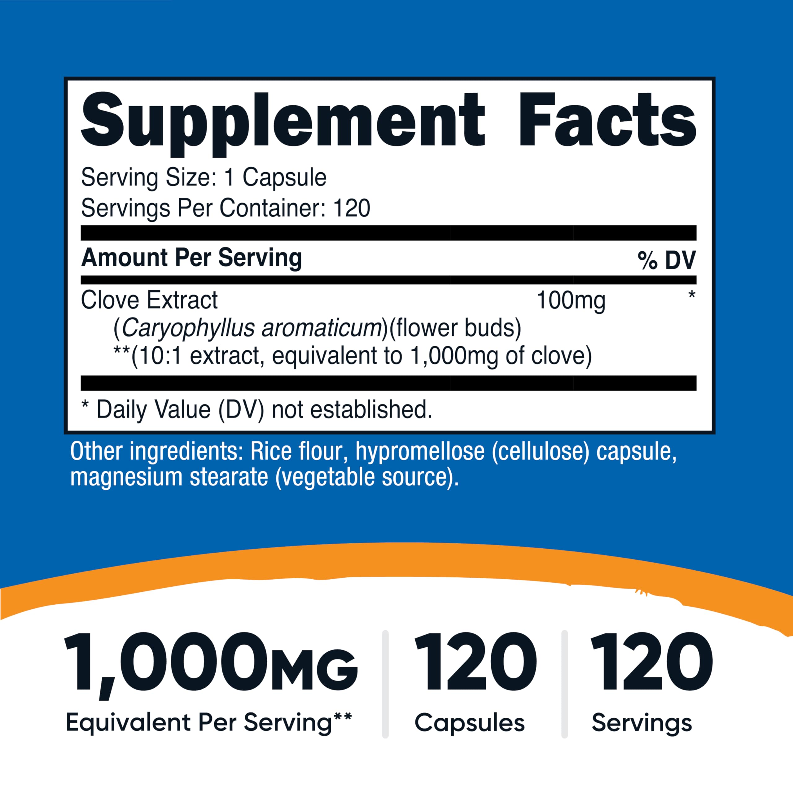 Nutricost Clove Extract capsules close-up highlights 100 mg per serving