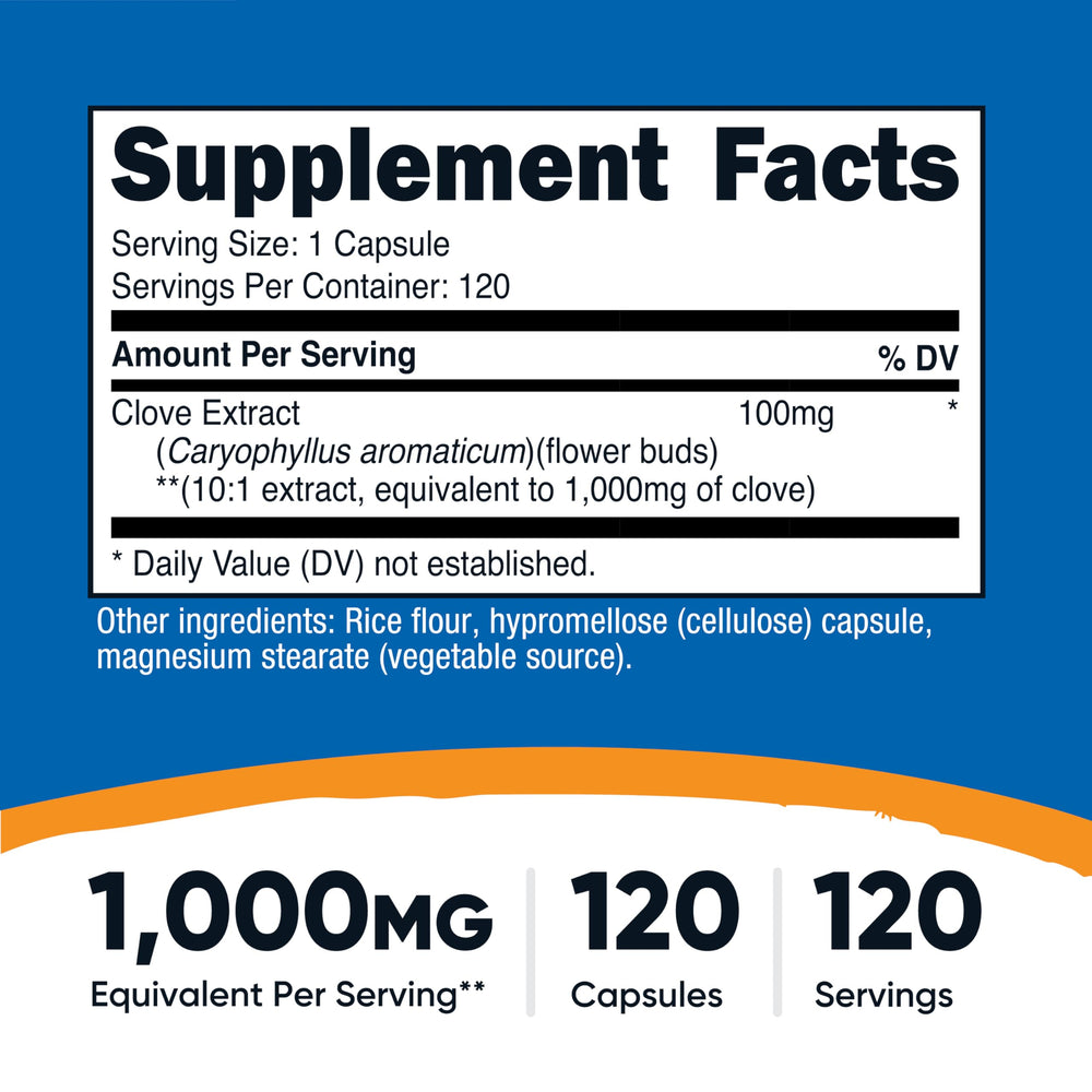 Nutricost Clove Extract capsules close-up highlights 100 mg per serving