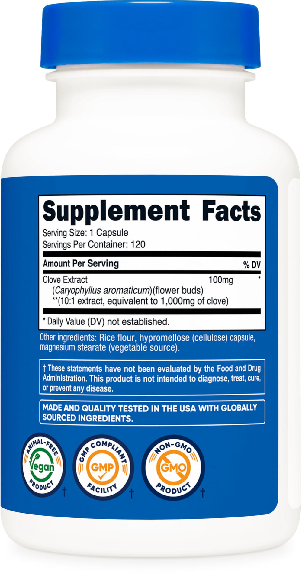 Nutricost Clove Extract packaging on shelf conveys a 120-serving supply