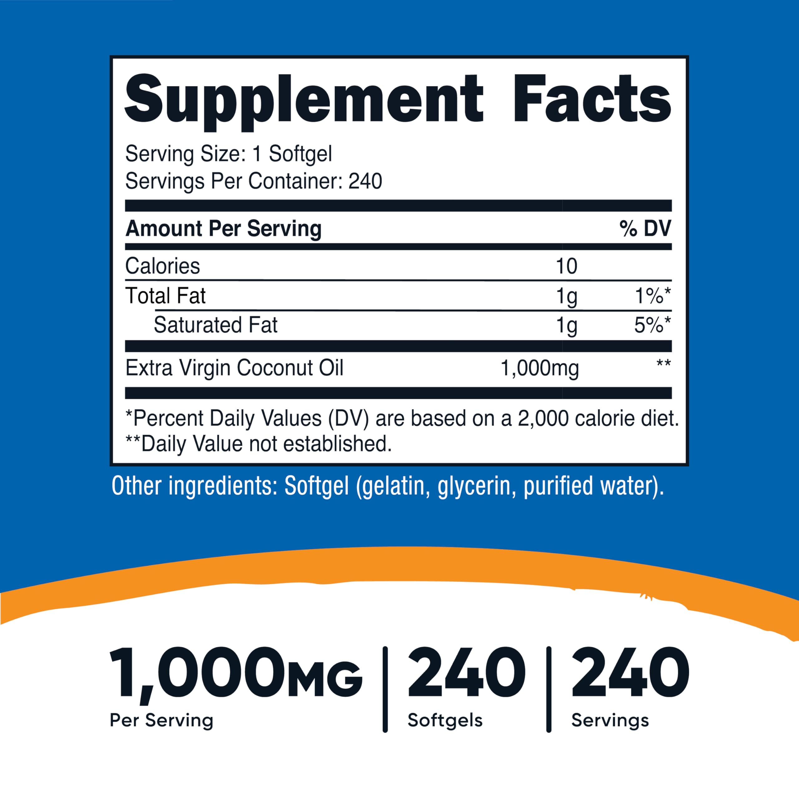 Nutricost Coconut Oil Softgels bottle side label highlighting gluten free and non-GMO ingredients