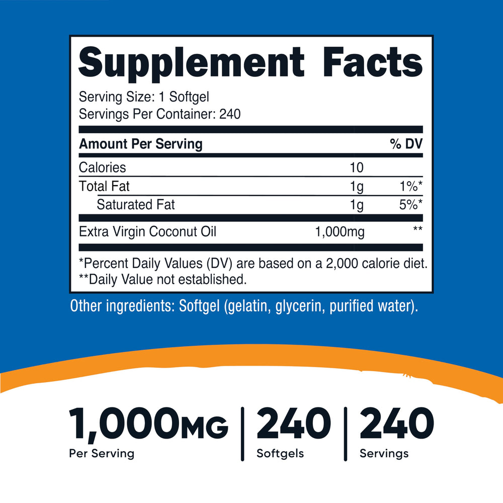 Nutricost Coconut Oil Softgels bottle side label highlighting gluten free and non-GMO ingredients